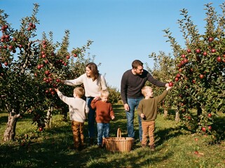 Fototapeta premium Family picking apples together in an orchard on a sunny autumn day