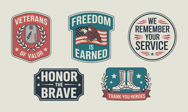 Vintage military veterans badges and patriotic emblems vector set for american apparel print