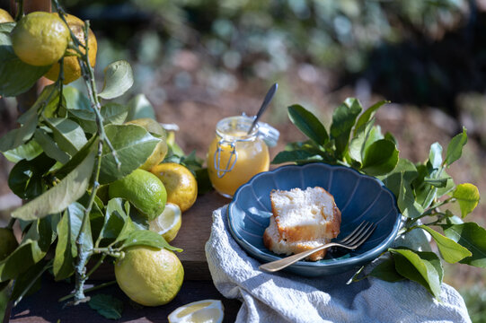 Lemon curd jar with cake slice and fresh lemons outdoors