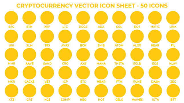 Create a cryptocurrency icon sheet featuring various digital currency logos and symbols.