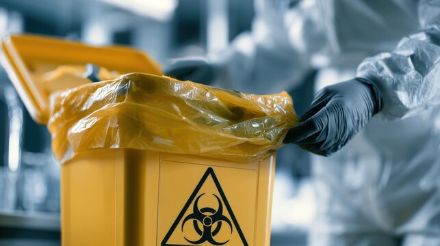Medical professional handling a yellow biohazard waste container