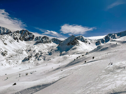 Snowy Pyrenees ski slopes and peaks in Andorra