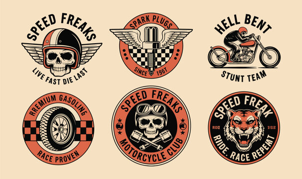 Vintage biker skull badges and motorcycle emblems vector set for custom apparel design