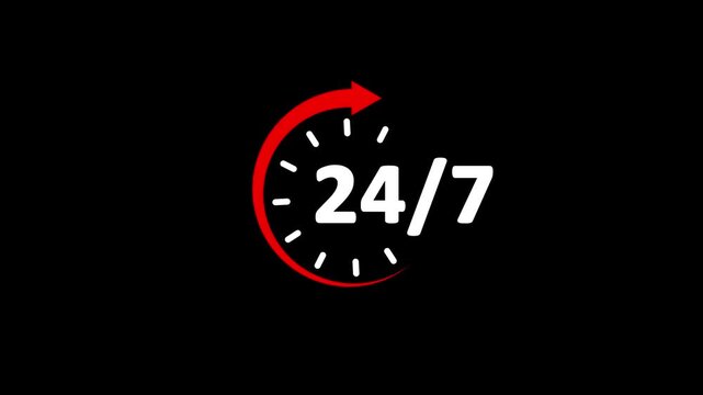 Twenty four seven service animation clock availability support time motion graphic animation.Service sign business availability.