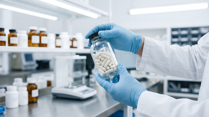 Fototapeta premium Pharmacist holds a glass bottle filled with white medical pills inside a professional drug manufacturing facility.