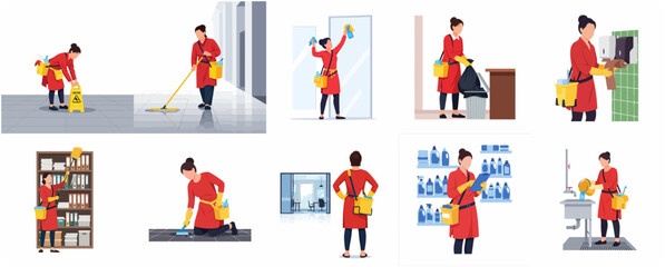 Fototapeta premium Professional cleaning service worker character set, female janitor performing various maintenance tasks, flat vector illustration