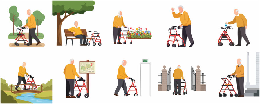 Collection of flat vector illustrations of an elderly man using a red rollator walker in different daily life scenarios, showing senior mobility and independence.