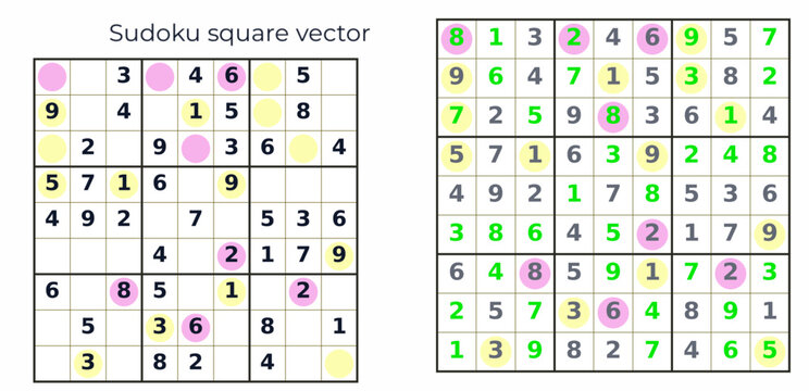 Sudoku puzzle grid with highlighted numbers and colors  