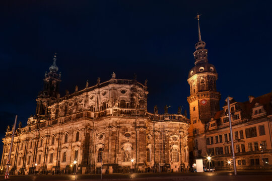 Dresden Cathedral and Royal Palace illuminated at night