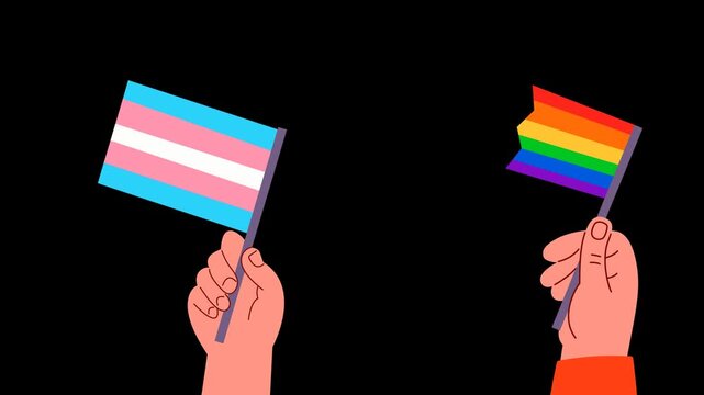 Horizontal video with two hands waving rainbow Pride and transgender flags on a black background. LGBTQ+ visibility, equality, inclusion and community.
