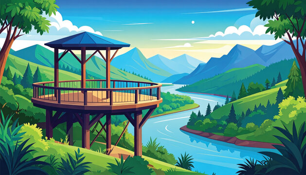 Wooden Observation Deck with Railing.