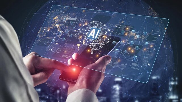 AI neural network and data processing system visualizing artificial intelligence with brain structure, chip, and connected data blocks for computation and learning Marrow