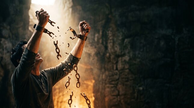 Man breaking chains and achieving freedom in a dramatic scene