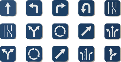 Fototapeta premium Blue Road Direction Arrow Signs Set With Fifteen Navigation Traffic Icons\