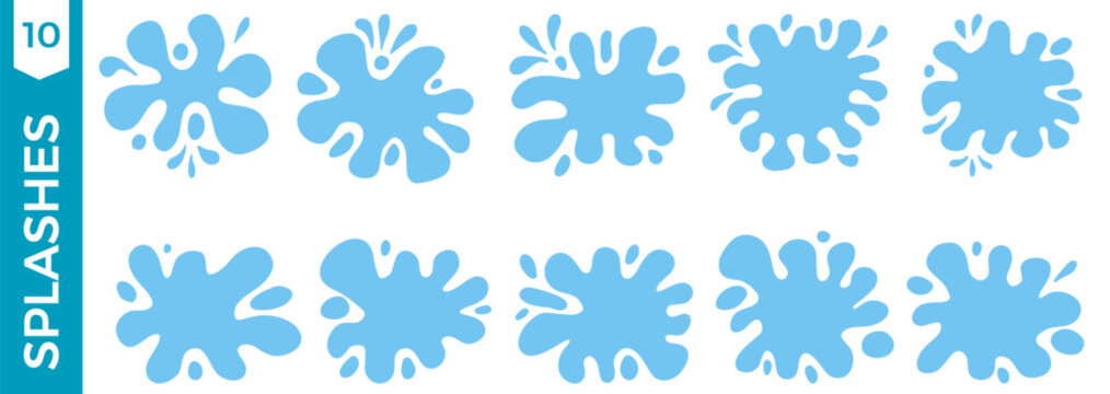 Splash blue hand-drawn frames set. Promo sticker for text in puddle paint stain wavy shape. Undulated figures with an abstract fluid drops. Badge or labels bg for message. Irregular blob elements