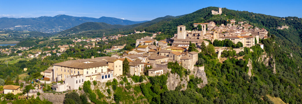 Narni Medieval Town Aerial Panoramic View Umbria Italy Historic Hilltop Stone Houses and Rocca Albornoziana Fortress Nestled on Rocks Scenic Green Hills Landscape  Authentic Hidden Gems Italy