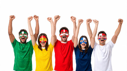 Fototapeta premium Diverse football fans celebrating, sports supporters with face paint, cheering crowd, national pride, isolated on white background, copy space, game day, victory