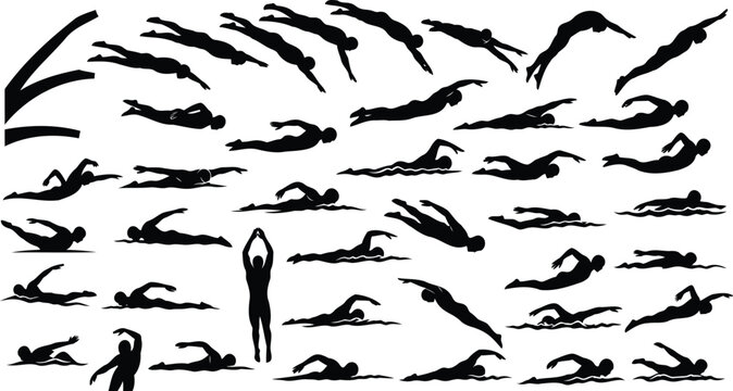 Swimmers perform various strokes in this set.