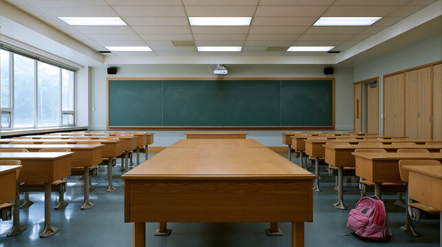 empty classroom with wooden desks and chalkboard representing education school architecture and learning environment interior concept