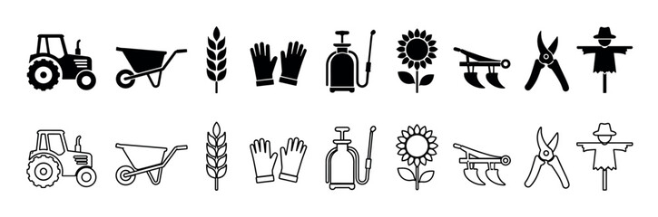 Obraz premium Collection of agricultural icons featuring farming equipment and symbols