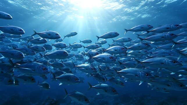 School of silvery trevally fish swimming together in a blue ocean, creating a dense formation with sun rays shining through the clear water from above