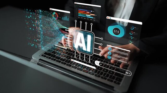 Hands of a professional interacting with a laptop displaying artificial intelligence analytics and futuristic data visualizations in a modern workspace Sigmoid