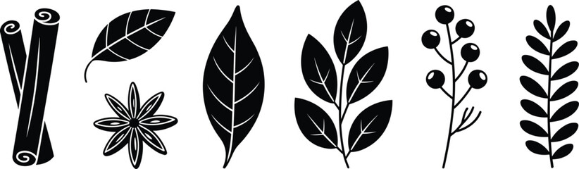 Collection of Black Silhouette Spices and Herbs on White Background Keywords: cinnamon sticks, star anise, bay leaf, herb sprig, berry branch, fern leaf, spice, herb © QueenMomtaz 