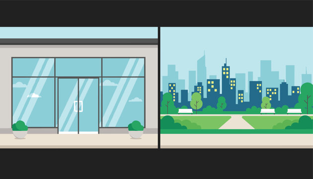 Split screen vector design showing modern storefront glass entrance on left and beautiful green city park on right.