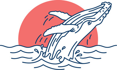 Naklejka premium Dynamic Marine Wildlife Action Visualized Through a Two-Color Deep Blue Whale Breach and Coral Sunset Graphic