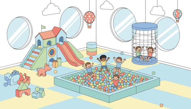 Vibrant indoor children playground featuring colorful ball pit slide tunnel trampoline and active kids playing.