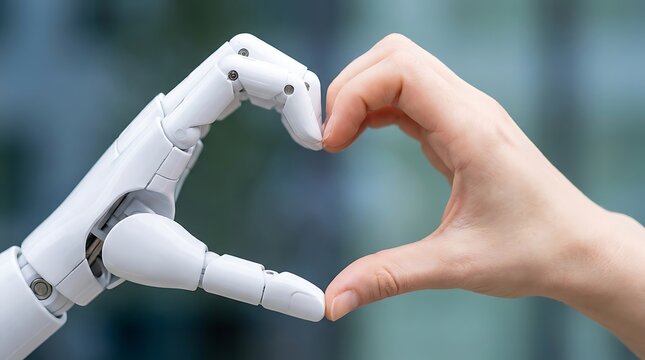 Human hand and robotic arm forming a heart shape with fingers, symbolizing connection and love