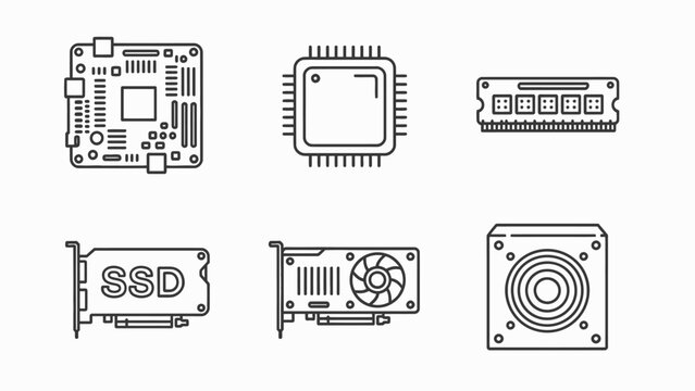 Computer Components Icons: CPU, RAM, GPU, SSD, Motherboard, PSU