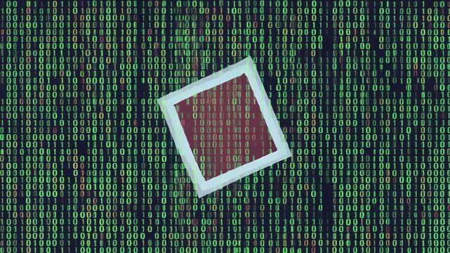Rotating square frame animation with falling green binary code numbers in a dark digital motion video