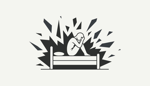 Silhouette of a depressed person sitting on bed with a chaotic exploding background, representing mental health crisis.