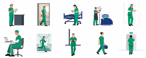 Fototapeta premium Healthcare Professionals and Nurses in Various Hospital Scenarios Flat Vector Illustration Set