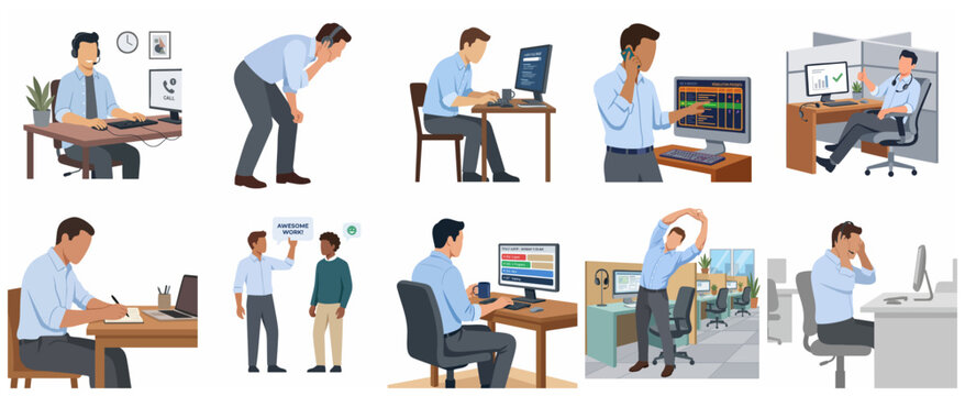 Set of flat vector illustrations featuring professional men in various office work scenarios, customer service, and corporate productivity tasks.