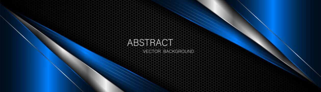 Abstract blue and silver polygons on dark steel mesh background. with free space for design. modern technology innovation concept background