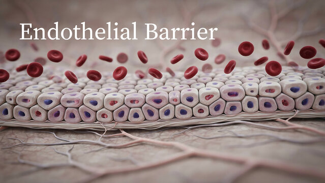 Endothelial barrier with red blood cells flowing through it  detailed microscopic view of vascular biology