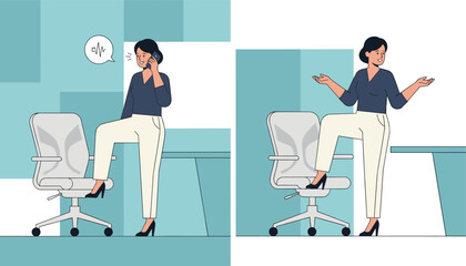 Fototapeta premium Professional woman talking on a smartphone while resting her leg on a swivel office chair in a modern workspace.