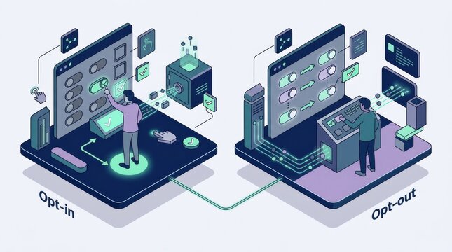 Illustration shows two sections representing opt-in and opt-out scenarios for user data collection. Users interact with screens for privacy options.