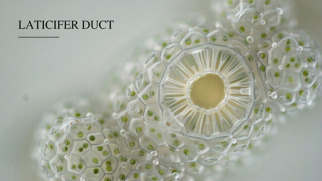 Laticifer duct in plant tissue under microscope showing white cells with green chloroplasts and central hollow tube