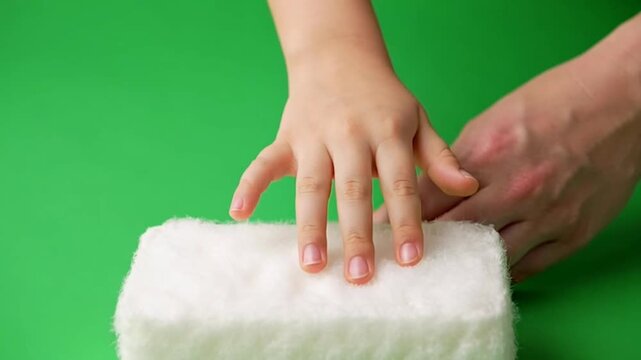 Child hand pressing soft white memory foam mattress sample on green background.