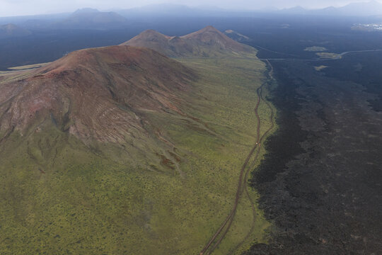 Aerial view of volcanic landscape in Lanzarote