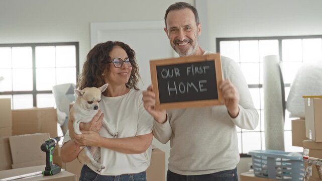 Middle aged man and woman holding a small dog while the man holds a chalkboard reading our first home inside a building; fresh start joy.