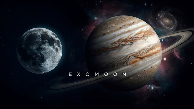 A large planet and moon in a galaxy with stars and a distant galaxy