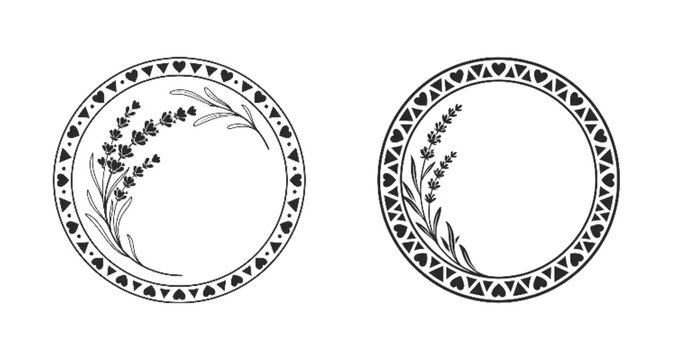 Vintage round borders with lavender flowers and halftone grunge dithered pattern