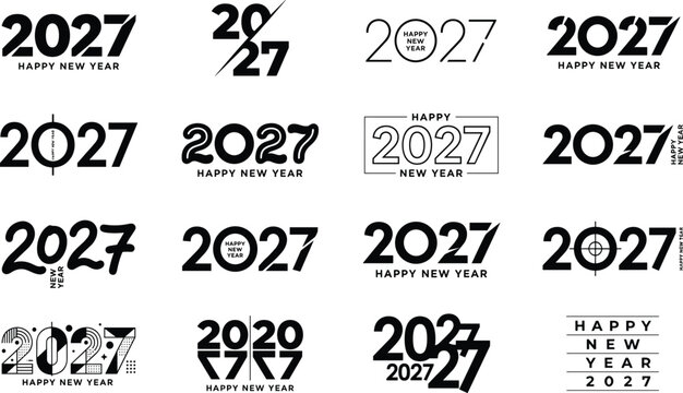 Happy New Year 2027 Typography Branding Collection with Diverse Black and White Minimalist Number Logo Designs for Corporate Media and Calendar Layouts