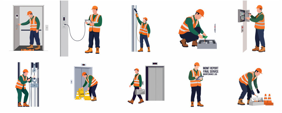 Set of illustrations featuring an elevator maintenance technician in various working poses and professional service scenarios