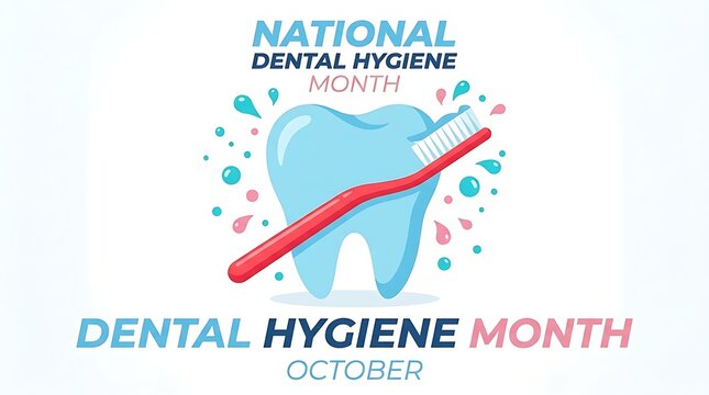 Colorful dental hygiene month poster with toothbrush and tooth illustration for october awareness campaign