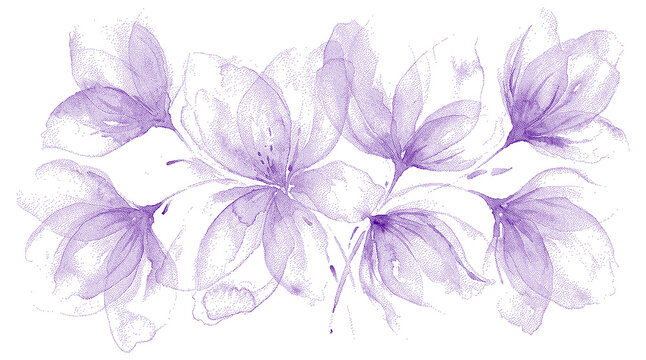 Abstract stippled flower bouquet in purple dither and grunge effect purple halftone floral vector illustration with stipple dither texture